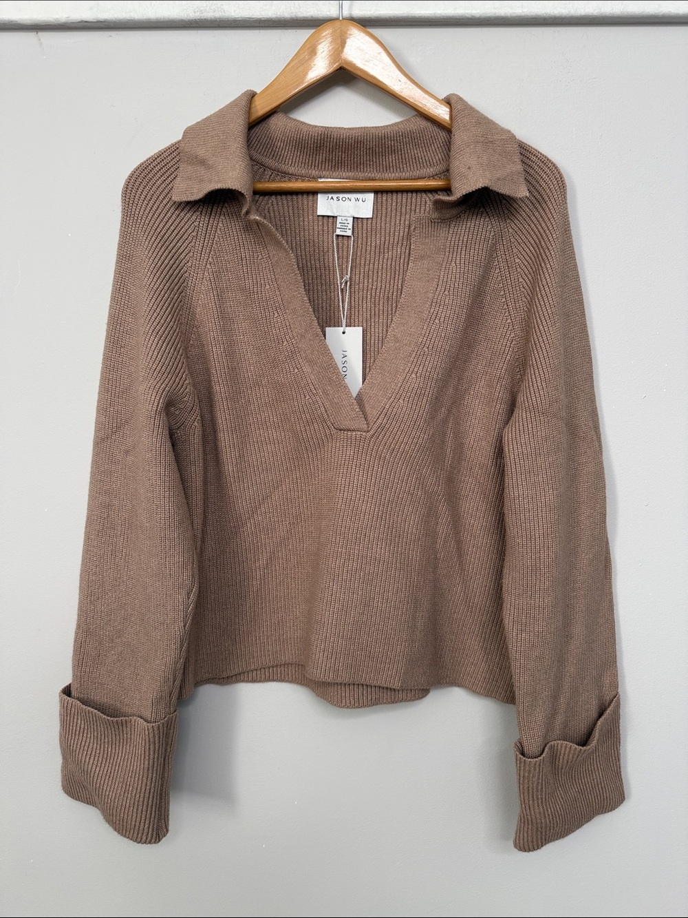 Jason Wu Taupe V‑Neck Polo Knit Sweater